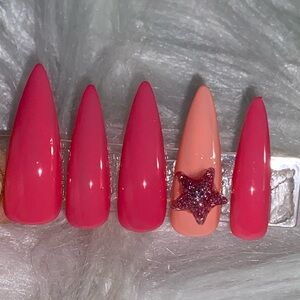 10pc Long Stiletto Pink Mix with 3D Nail Charm Accent Press on Nails